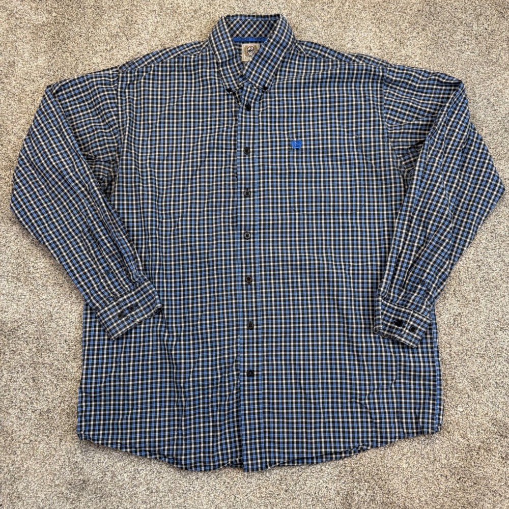 Cinch Mens Blue Black Plaid Cotton Long Sleeve Western Button Down Shirt Large
